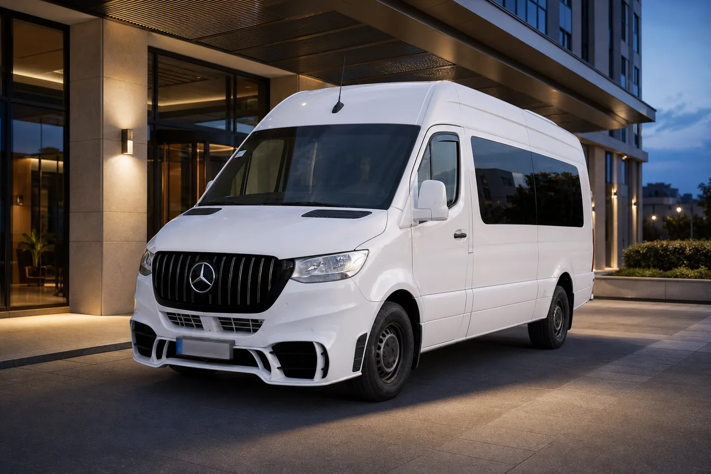 Білий мікроавтобус Mercedes Sprinter біля входу в будівлю ввечері