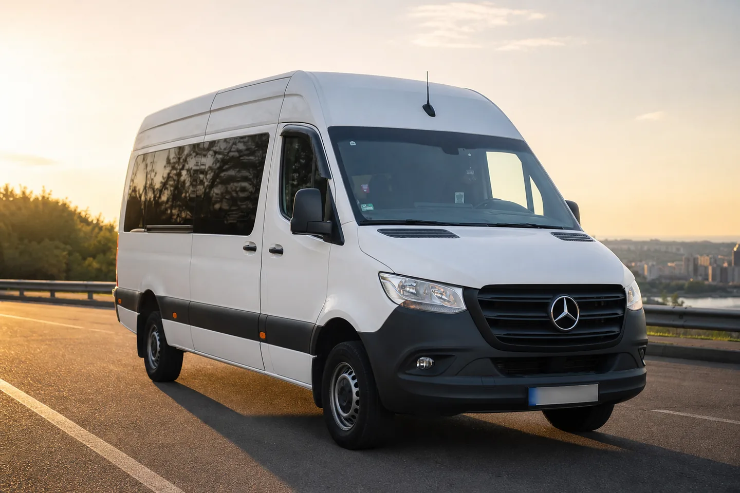 Білий мікроавтобус Mercedes Sprinter на трасі надвечір